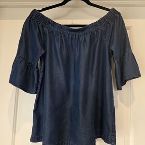 Off-Shoulder Dark Blue Denim-Style Blouse
